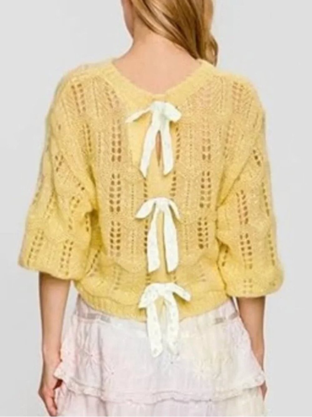 LoveShackFancy Butter Yellow Pointelle Knit Bow Cardigan Sweater - Size S